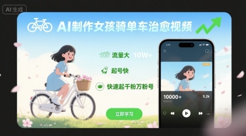 AI制作女孩骑单车治愈视频，流量大，起号快，快速起千粉万粉号-凌云网创