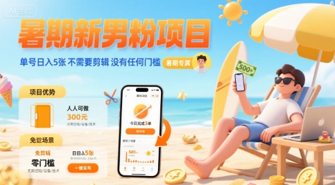 暑期新男粉项目 单号日入5张 不需要剪辑 没有任何门槛-凌云网创