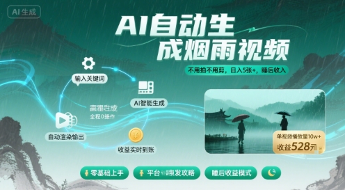 不用拍不用剪！AI自动生成烟雨视频，日入5张+，睡后收入-凌云网创
