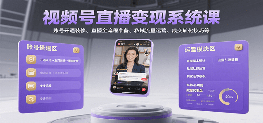 视频号直播变现系统课，账号开通装修、直播全流程准备、私域流量运营、成交转化技巧等-凌云网创