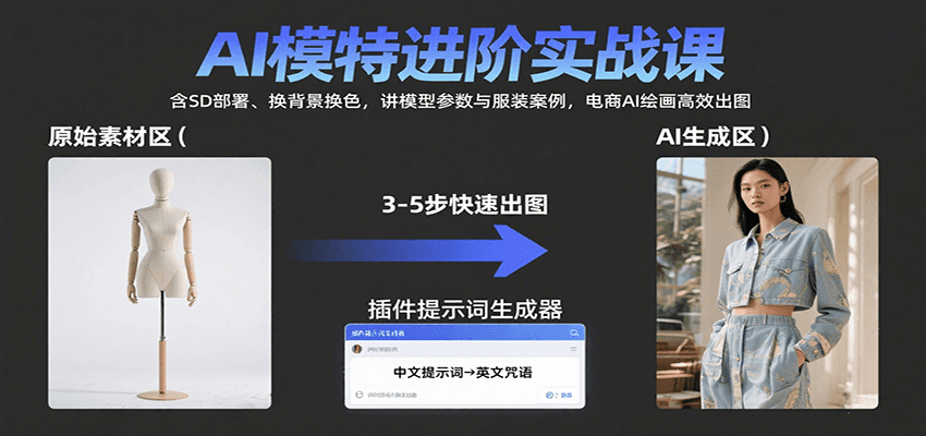 AI模特进阶实战课：含SD部署、换背景换色，讲模型参数与服装案例，电商AI绘画高效出图-凌云网创