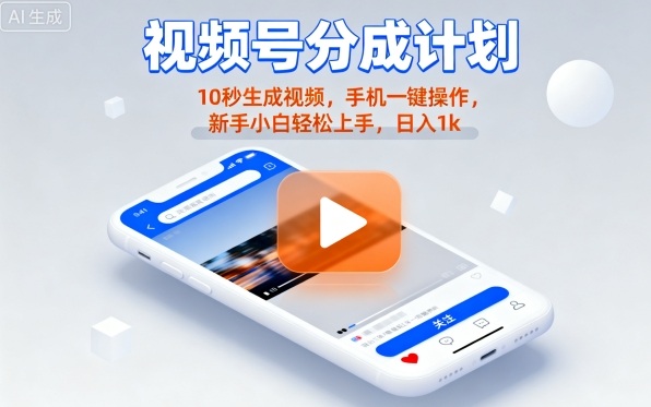 视频号分成计划懒人玩法，10秒生成视频，手机一键操作，新手小白轻松上手，日入1K【揭秘】-凌云网创