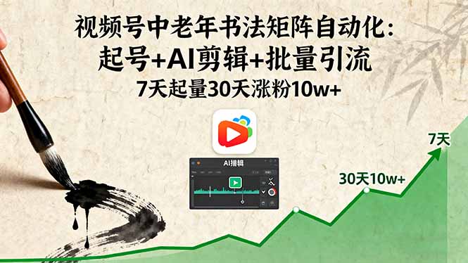 视频号中老年书法矩阵自动化：起号+AI剪辑+批量引流 7天起量30天涨粉10w+-凌云网创