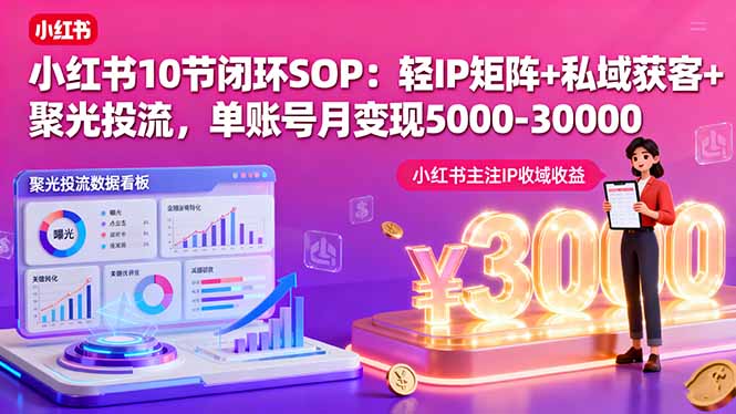 小红书10节闭环SOP：轻IP矩阵+私域获客+聚光投流，单账号月变现5000-30000-凌云网创
