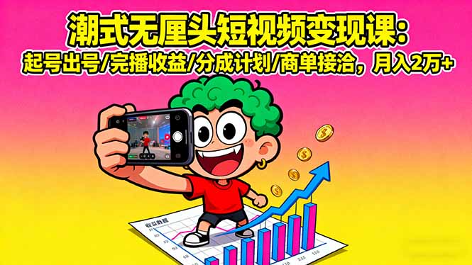 潮式无厘头短视频变现课：起号出号/完播收益/分成计划/商单接洽，月入2万+-凌云网创