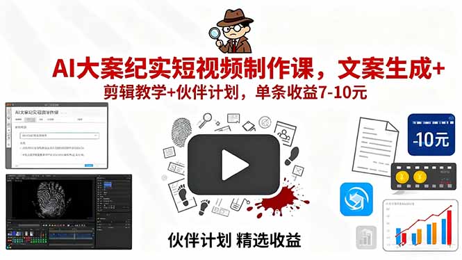 AI大案纪实短视频制作课，文案生成+剪辑教学+伙伴计划，单条收益7-10元-凌云网创